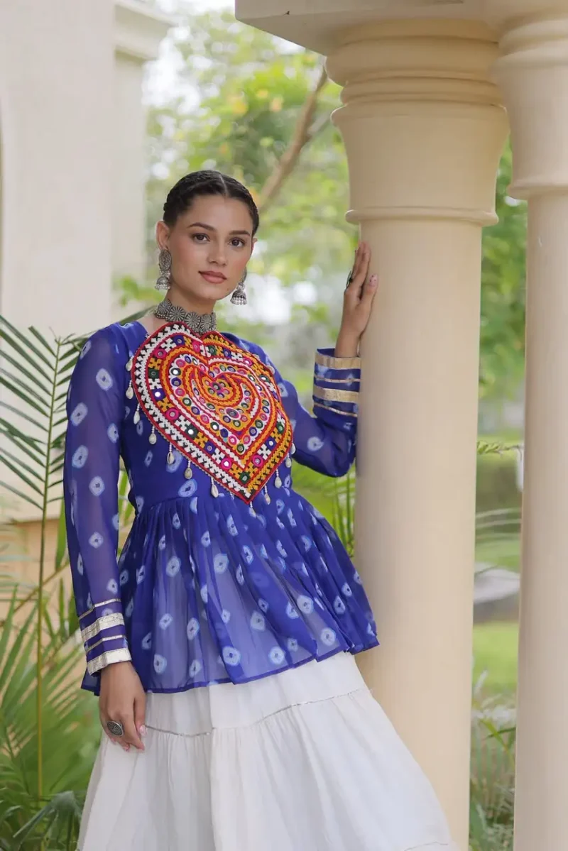 Blue Kora Cotton Bandhni Print Navratri Lehenga with Kutchi Gamthi Top close look