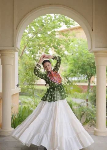 Green Kora Cotton Bandhni Print Navratri Lehenga with Kutchi Gamthi Top flair look