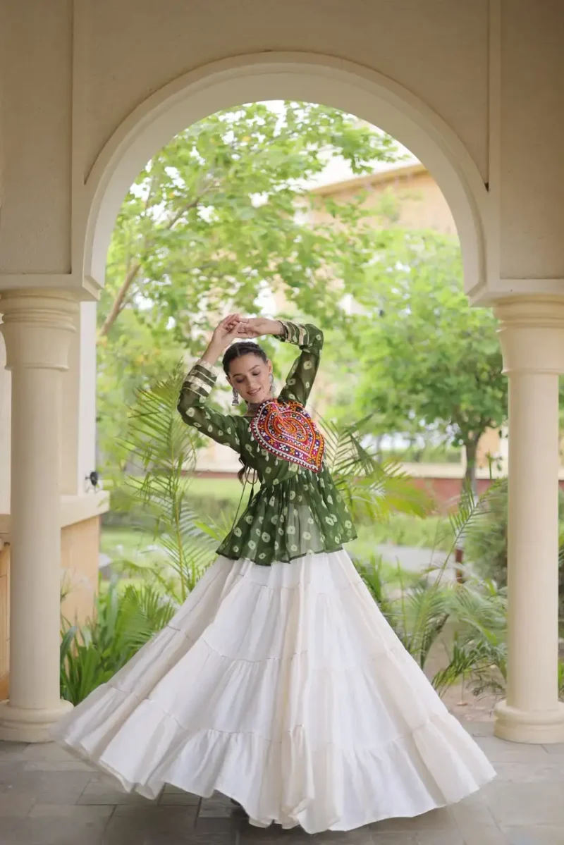 Green Kora Cotton Bandhni Print Navratri Lehenga with Kutchi Gamthi Top flair look