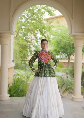 Green Kora Cotton Bandhni Print Navratri Lehenga with Kutchi Gamthi Top