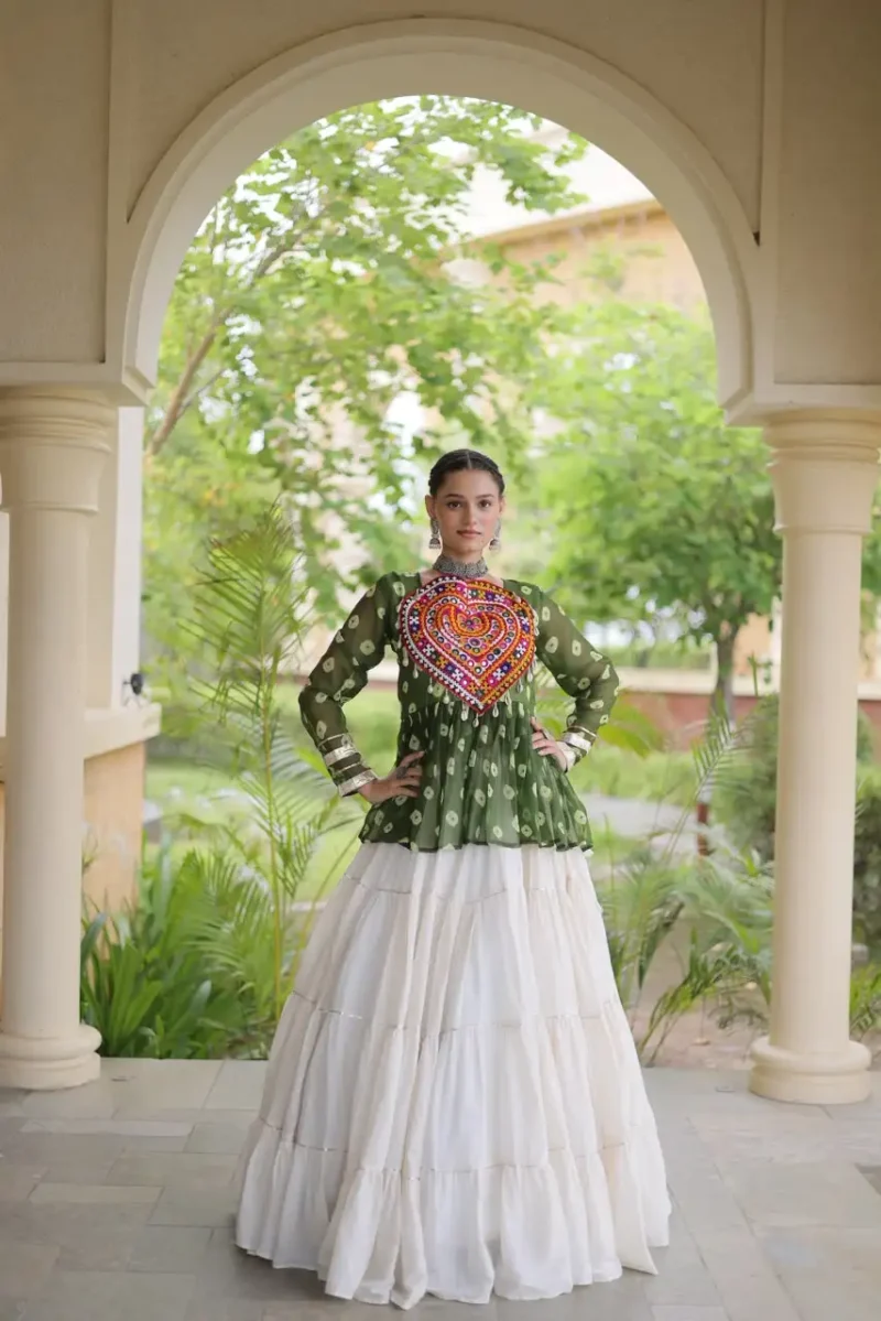 Green Kora Cotton Bandhni Print Navratri Lehenga with Kutchi Gamthi Top