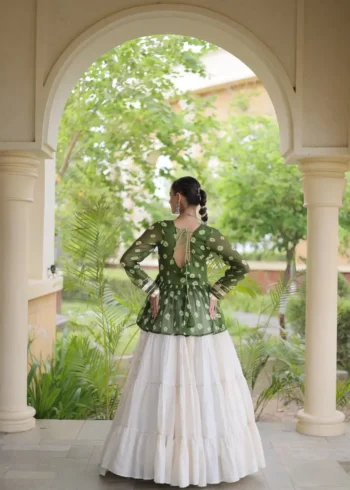 Green Kora Cotton Bandhni Print Navratri Lehenga with Kutchi Gamthi Top back design
