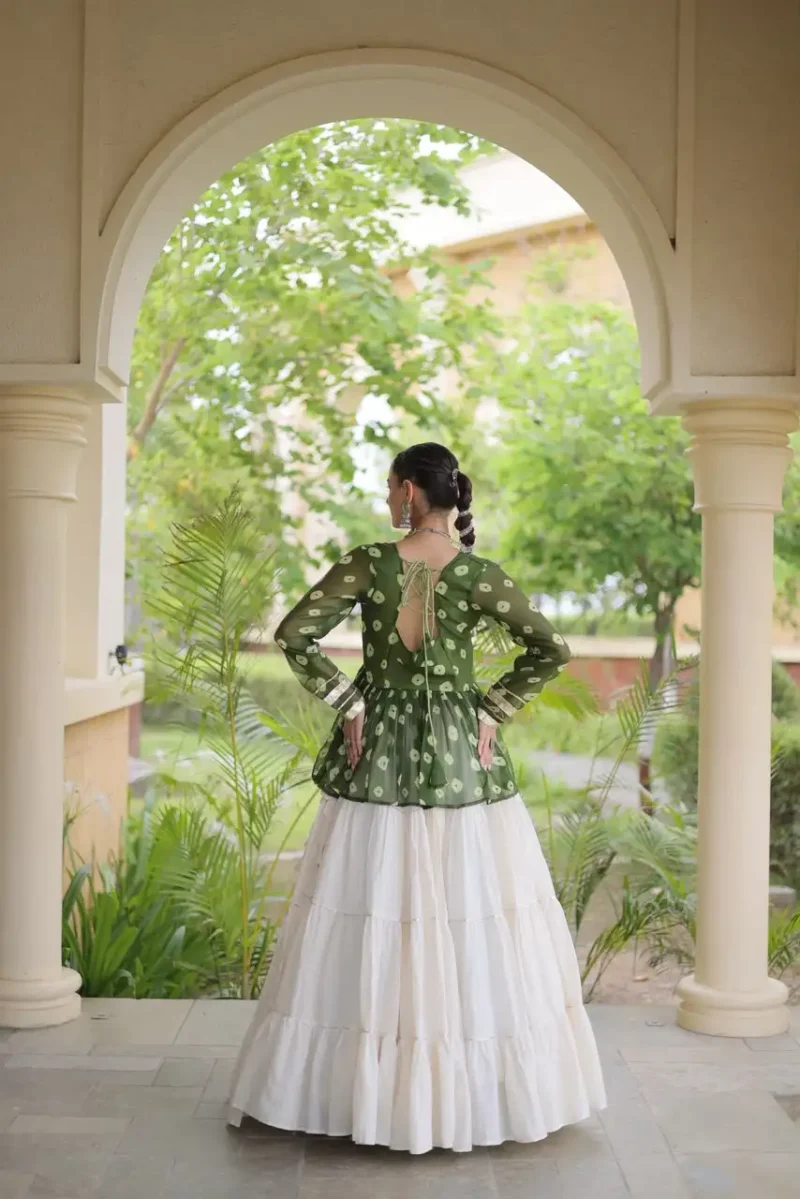 Green Kora Cotton Bandhni Print Navratri Lehenga with Kutchi Gamthi Top back design