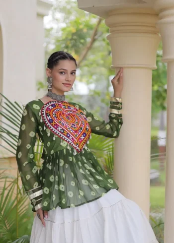 Green Kora Cotton Bandhni Print Navratri Lehenga with Kutchi Gamthi Top close look