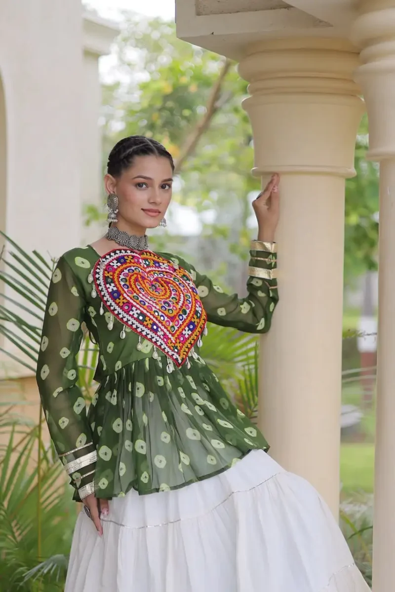 Green Kora Cotton Bandhni Print Navratri Lehenga with Kutchi Gamthi Top close look