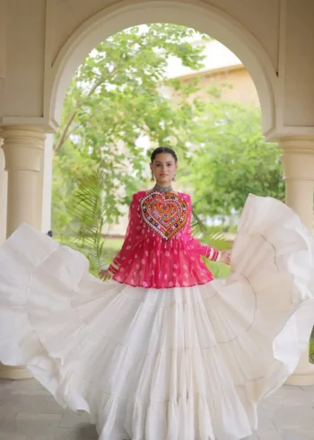 Pink Kora Cotton Bandhni Print Navratri Lehenga with Kutchi Gamthi Top flair look