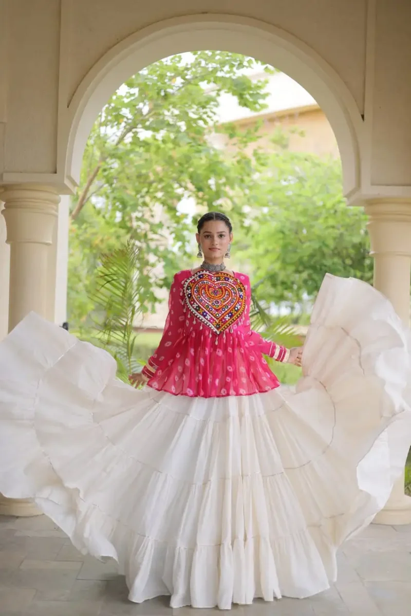 Pink Kora Cotton Bandhni Print Navratri Lehenga with Kutchi Gamthi Top flair look