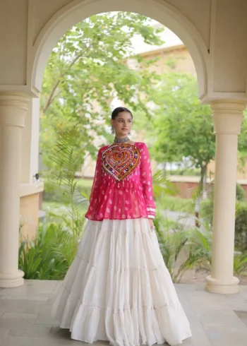 Pink Kora Cotton Bandhni Print Navratri Lehenga with Kutchi Gamthi Top