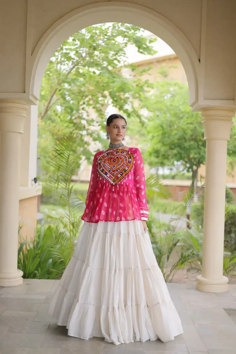 Pink Kora Cotton Bandhni Print Navratri Lehenga with Kutchi Gamthi Top