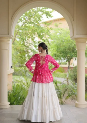 Pink Kora Cotton Bandhni Print Navratri Lehenga with Kutchi Gamthi Top back design