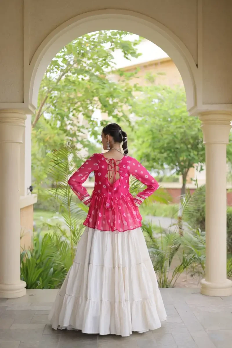 Pink Kora Cotton Bandhni Print Navratri Lehenga with Kutchi Gamthi Top back design