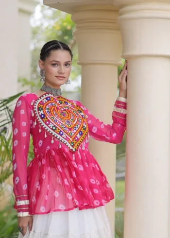 Pink Kora Cotton Bandhni Print Navratri Lehenga with Kutchi Gamthi Top close look