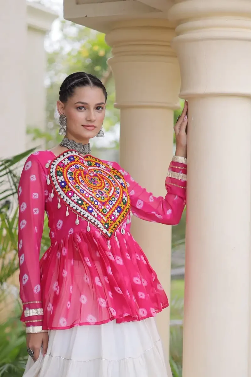 Pink Kora Cotton Bandhni Print Navratri Lehenga with Kutchi Gamthi Top close look