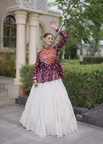 Wine Kora Cotton Bandhni Print Navratri Lehenga with Kutchi Gamthi Top