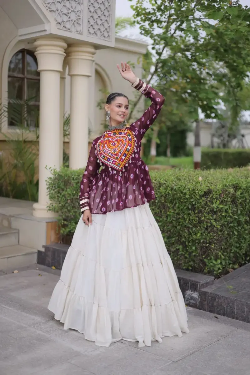 Wine Kora Cotton Bandhni Print Navratri Lehenga with Kutchi Gamthi Top