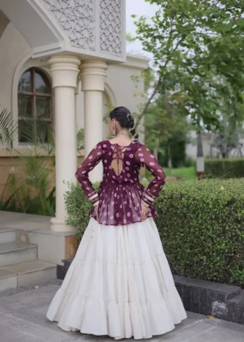 Wine Kora Cotton Bandhni Print Navratri Lehenga with Kutchi Gamthi Top back design