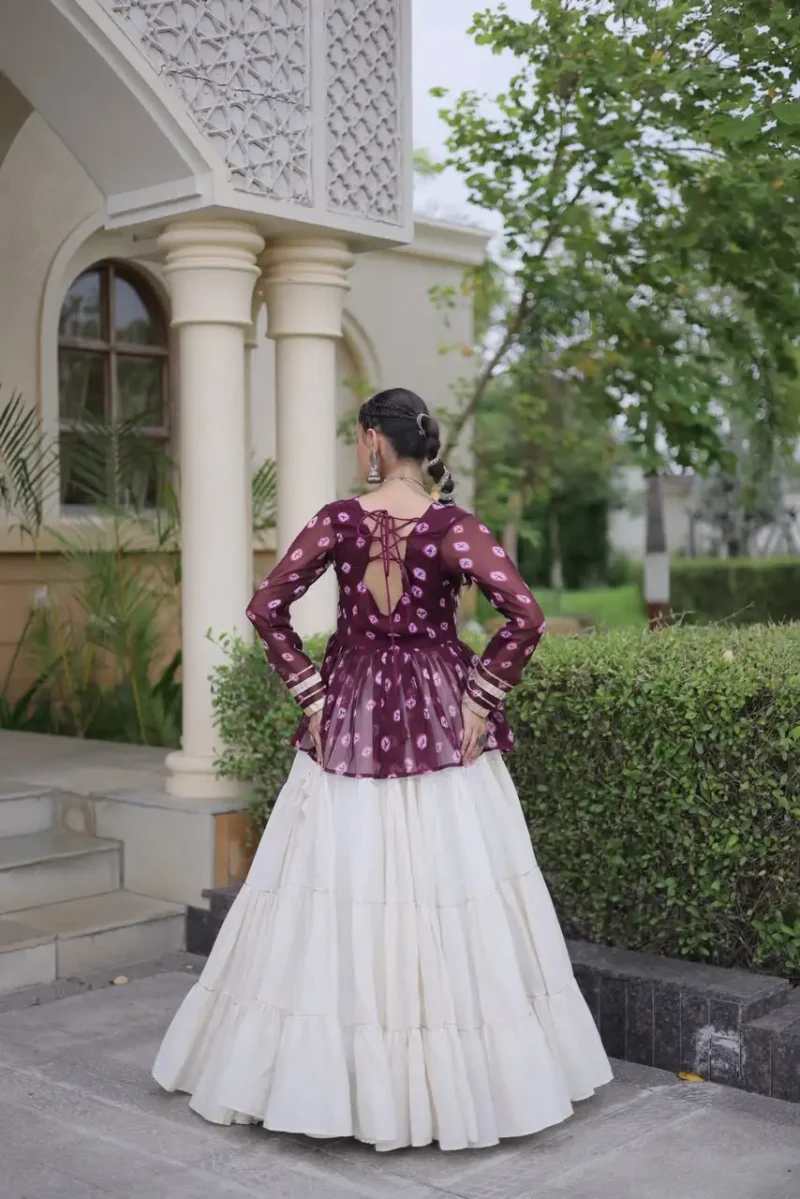 Wine Kora Cotton Bandhni Print Navratri Lehenga with Kutchi Gamthi Top back design