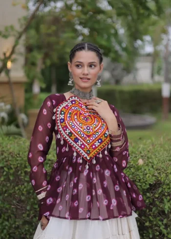 Wine Kora Cotton Bandhni Print Navratri Lehenga with Kutchi Gamthi Top close look