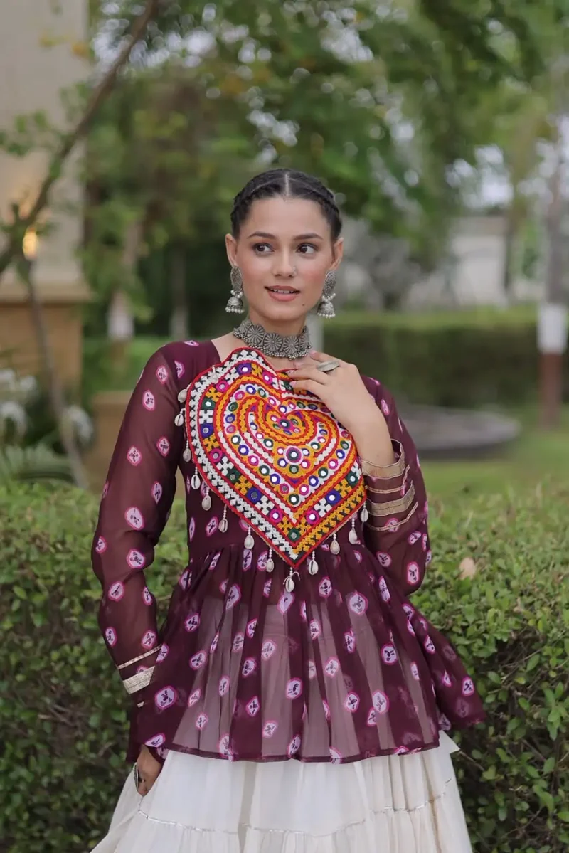 Wine Kora Cotton Bandhni Print Navratri Lehenga with Kutchi Gamthi Top close look