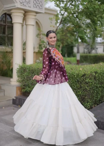 Wine Kora Cotton Bandhni Print Navratri Lehenga with Kutchi Gamthi Top flair look