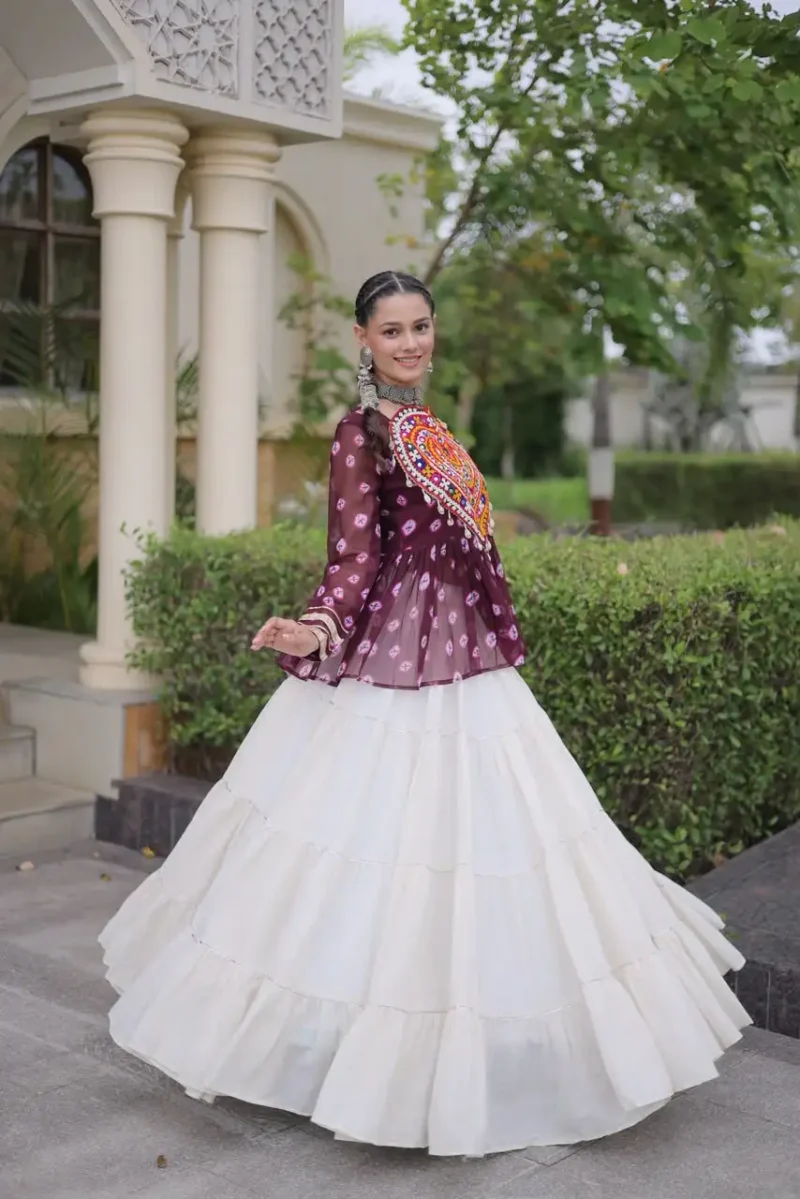 Wine Kora Cotton Bandhni Print Navratri Lehenga with Kutchi Gamthi Top flair look