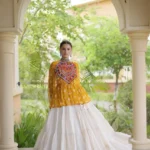 Yellow Kora Cotton Bandhni Print Navratri Lehenga with Kutchi Gamthi Top