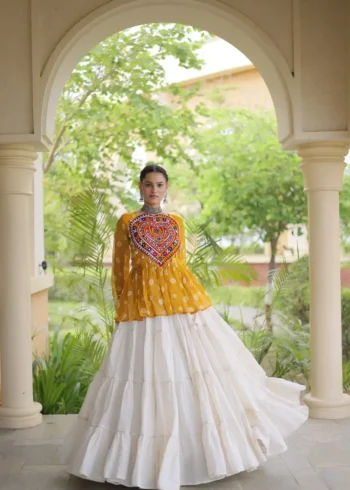 Yellow Kora Cotton Bandhni Print Navratri Lehenga with Kutchi Gamthi Top