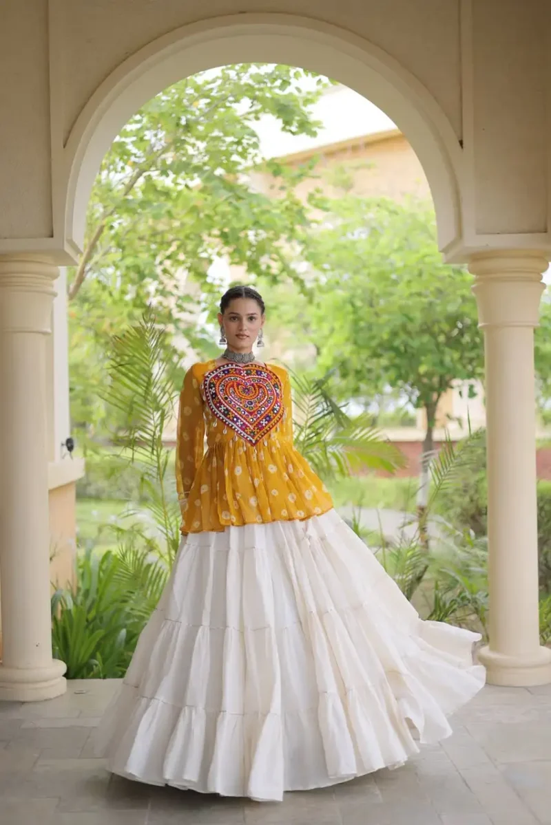Yellow Kora Cotton Bandhni Print Navratri Lehenga with Kutchi Gamthi Top