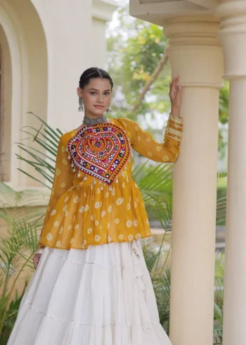 Yellow Kora Cotton Bandhni Print Navratri Lehenga with Kutchi Gamthi Top close look