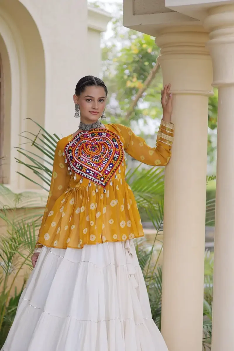 Yellow Kora Cotton Bandhni Print Navratri Lehenga with Kutchi Gamthi Top close look