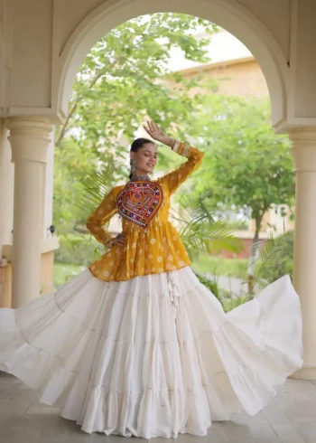 Yellow Kora Cotton Bandhni Print Navratri Lehenga with Kutchi Gamthi Top flair look