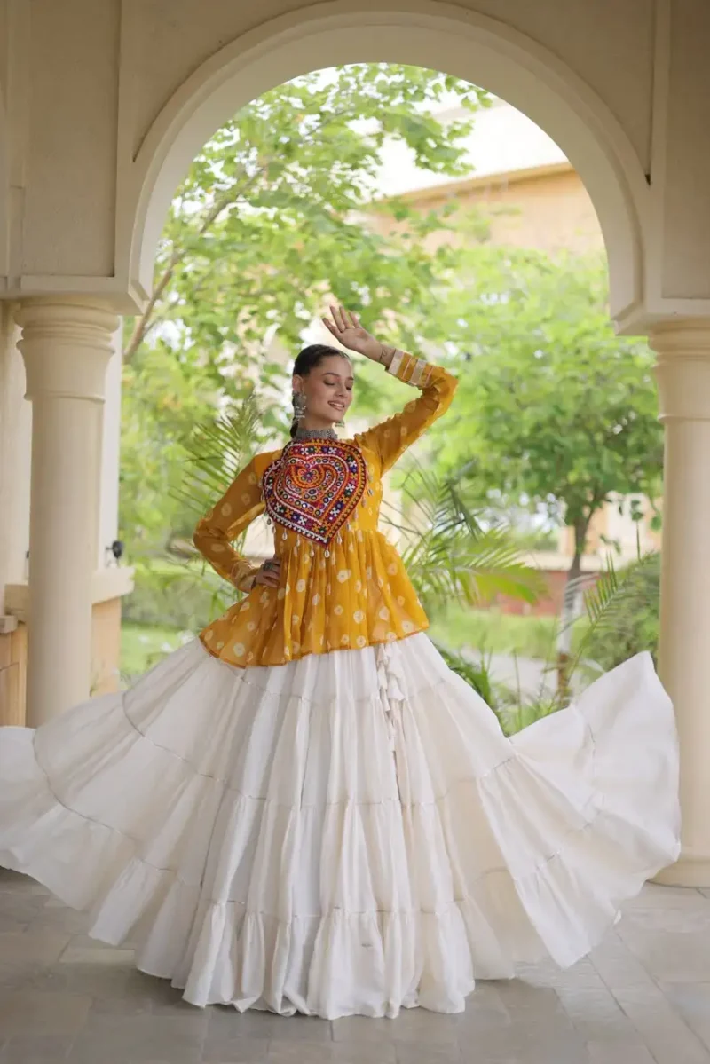 Yellow Kora Cotton Bandhni Print Navratri Lehenga with Kutchi Gamthi Top flair look