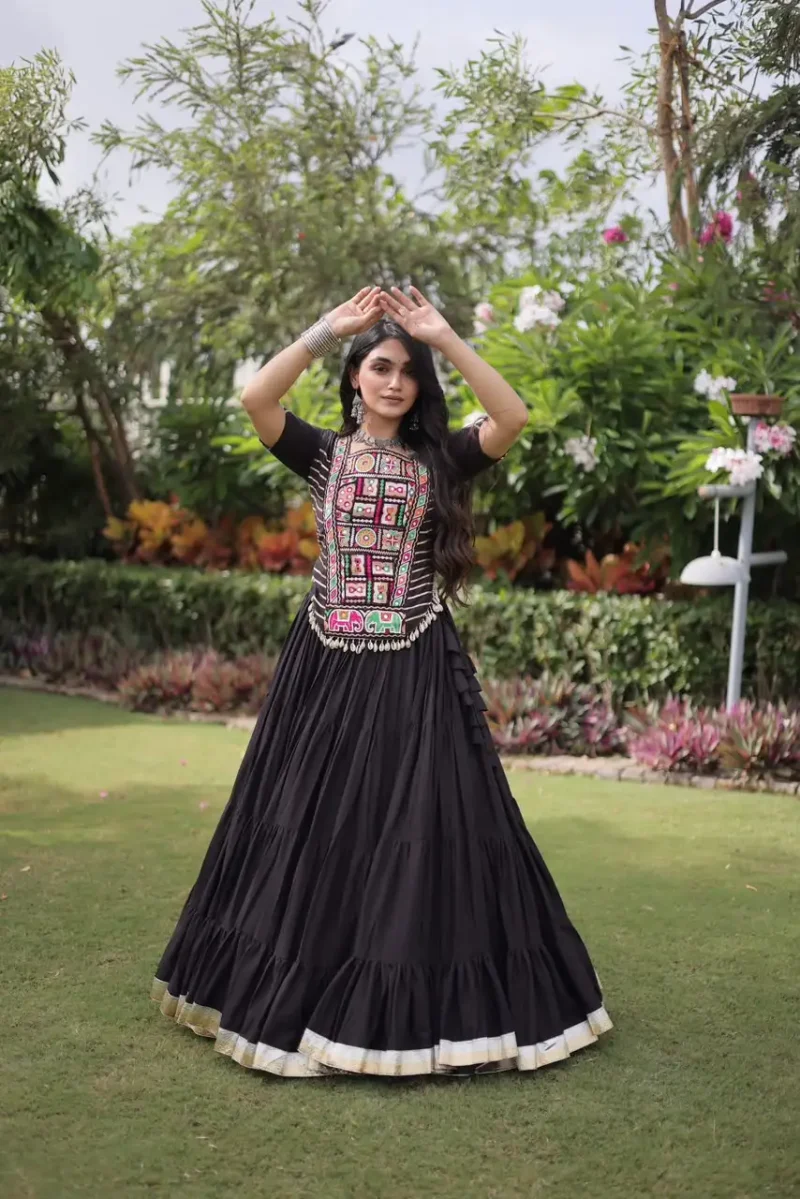 Black Kora Cotton Designer Navratri Lehenga with Kutchi Patchwork Blouse