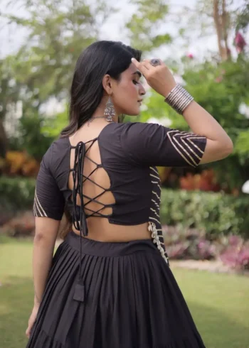 Black Kora Cotton Designer Navratri Lehenga with Kutchi Patchwork Blouse back design