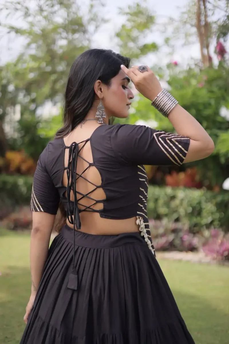 Black Kora Cotton Designer Navratri Lehenga with Kutchi Patchwork Blouse back design