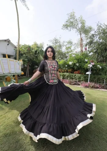 Black Kora Cotton Designer Navratri Lehenga with Kutchi Patchwork Blouse front look