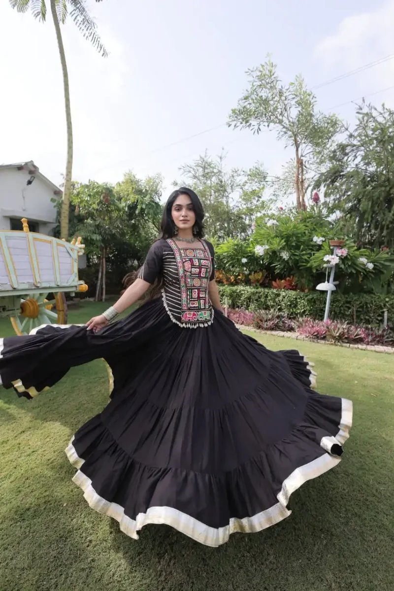 Black Kora Cotton Designer Navratri Lehenga with Kutchi Patchwork Blouse front look