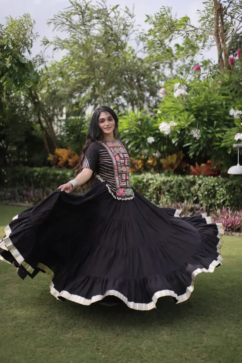 Black Kora Cotton Designer Navratri Lehenga with Kutchi Patchwork Blouse full gher look