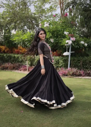 Black Kora Cotton Designer Navratri Lehenga with Kutchi Patchwork Blouse full flair look