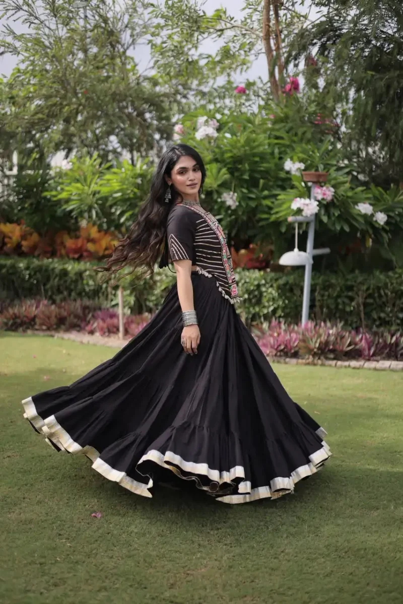Black Kora Cotton Designer Navratri Lehenga with Kutchi Patchwork Blouse full flair look