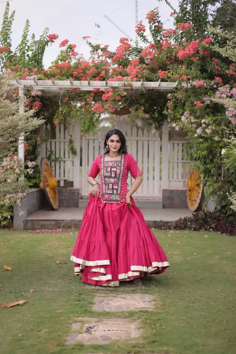 Pink Kora Cotton Designer Navratri Lehenga with Kutchi Patchwork Blouse