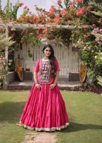 Pink Kora Cotton Designer Navratri Lehenga with Kutchi Patchwork Blouse front look
