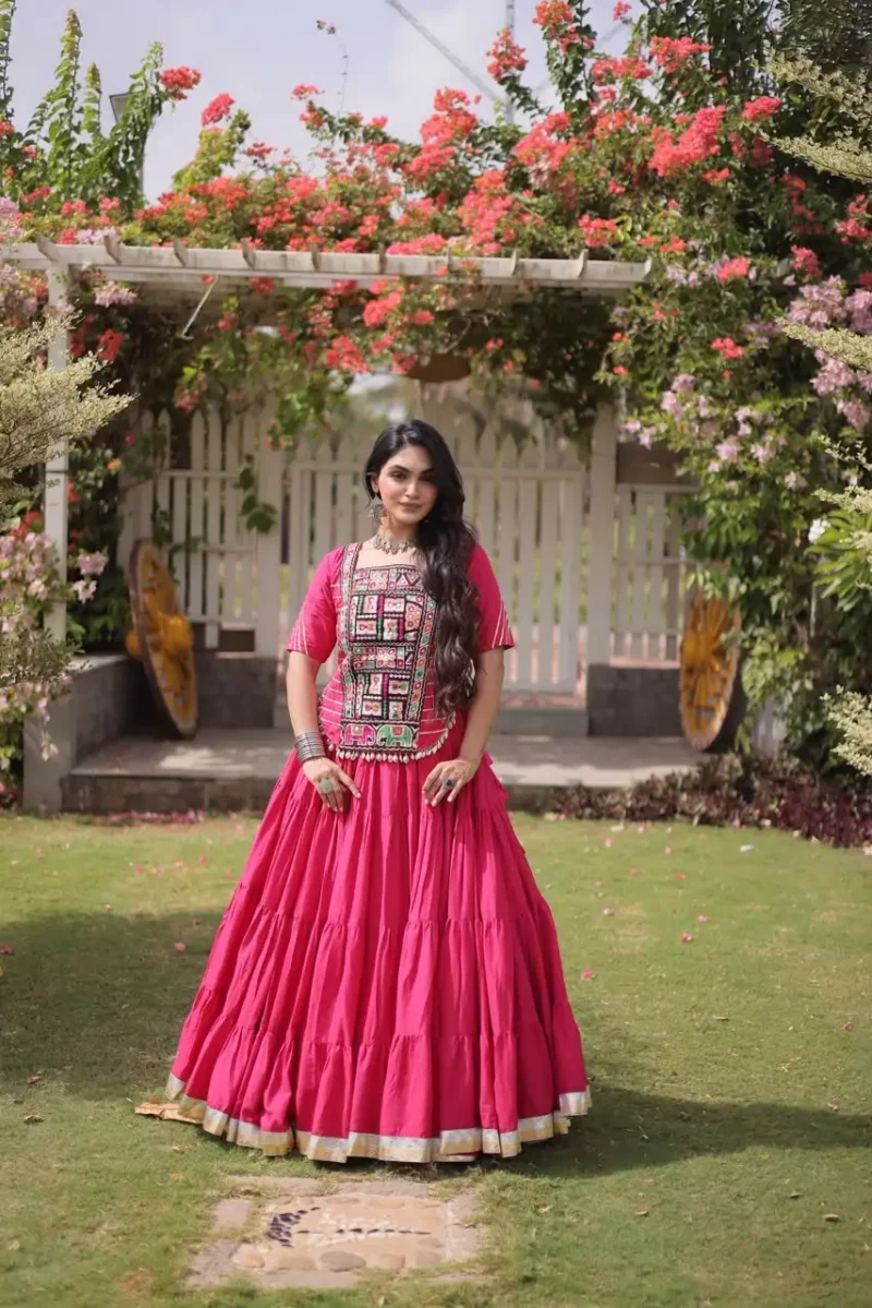 Pink Kora Cotton Designer Navratri Lehenga with Kutchi Patchwork Blouse front look