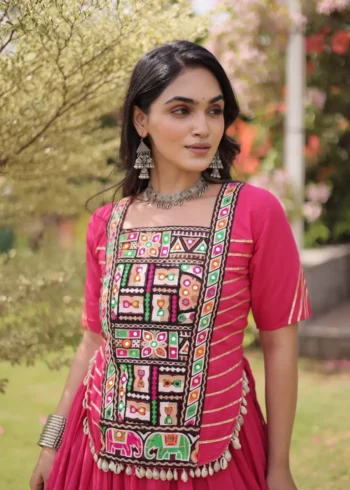 Pink Kora Cotton Designer Navratri Lehenga with Kutchi Patchwork Blouse close look