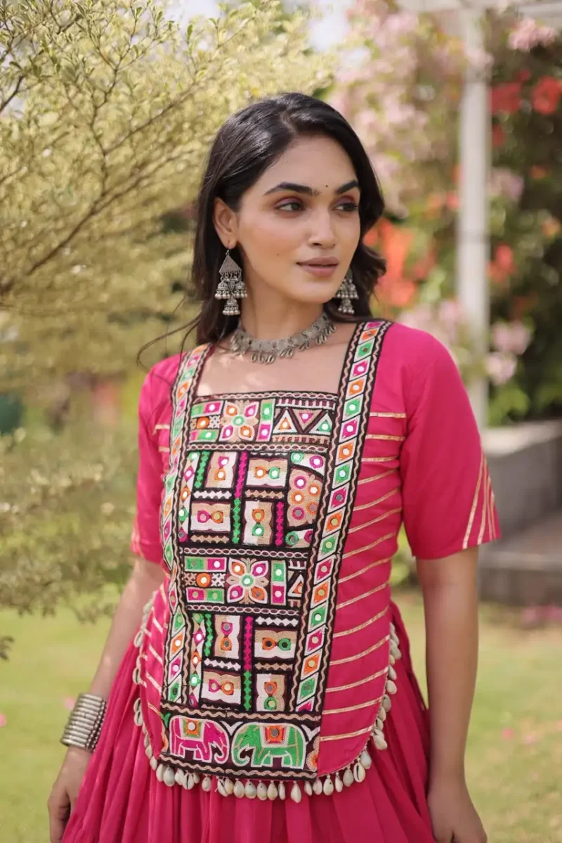 Pink Kora Cotton Designer Navratri Lehenga with Kutchi Patchwork Blouse close look
