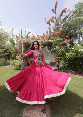 Red Kora Cotton Designer Navratri Lehenga with Kutchi Patchwork Blouse full flair