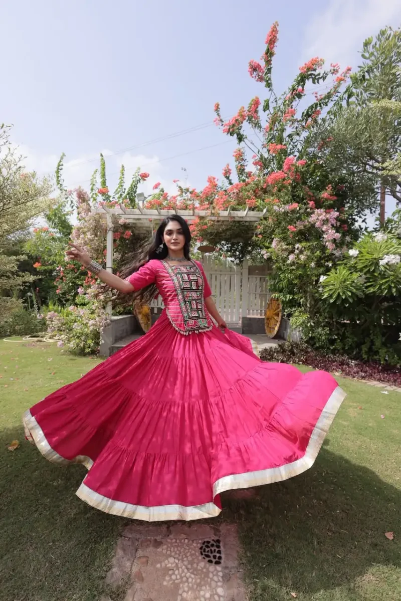 Red Kora Cotton Designer Navratri Lehenga with Kutchi Patchwork Blouse full flair