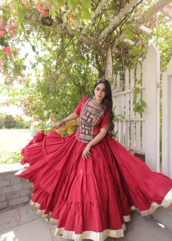 Red Kora Cotton Designer Navratri Lehenga with Kutchi Patchwork Blouse full gher look