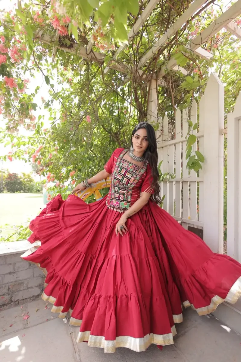 Red Kora Cotton Designer Navratri Lehenga with Kutchi Patchwork Blouse full gher look