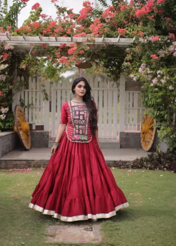 Red Kora Cotton Designer Navratri Lehenga with Kutchi Patchwork Blouse